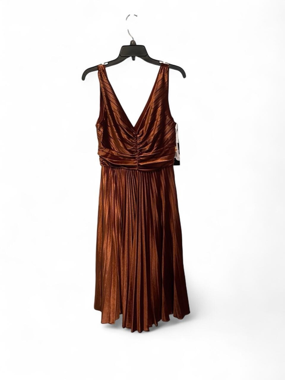 Maison Tara Metallic Copper-Brown Pleated Midi Dress